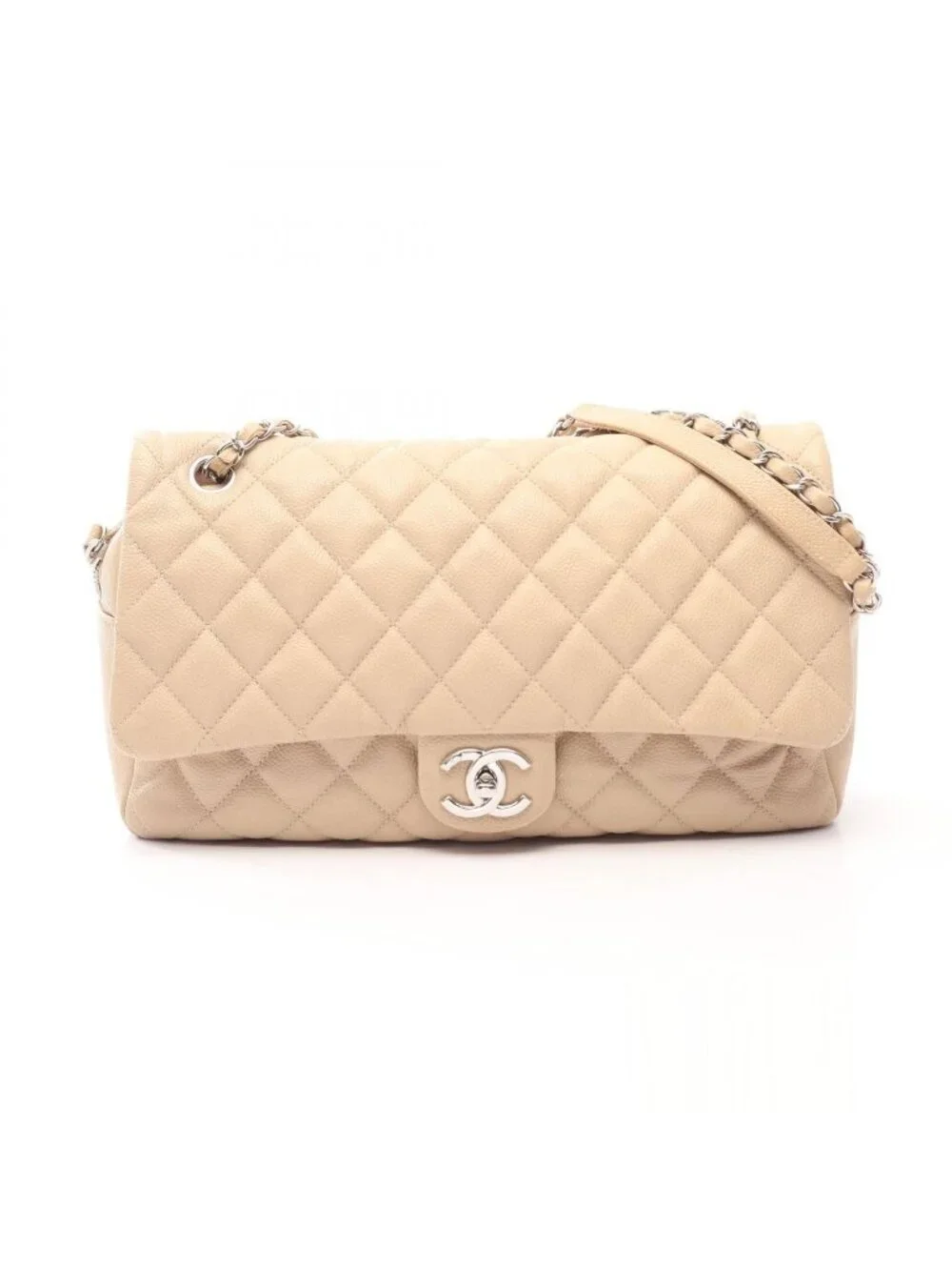 Chanel Shoulder Bag Deca Quilted Single Flap Light Beige Caviar Leather Chain